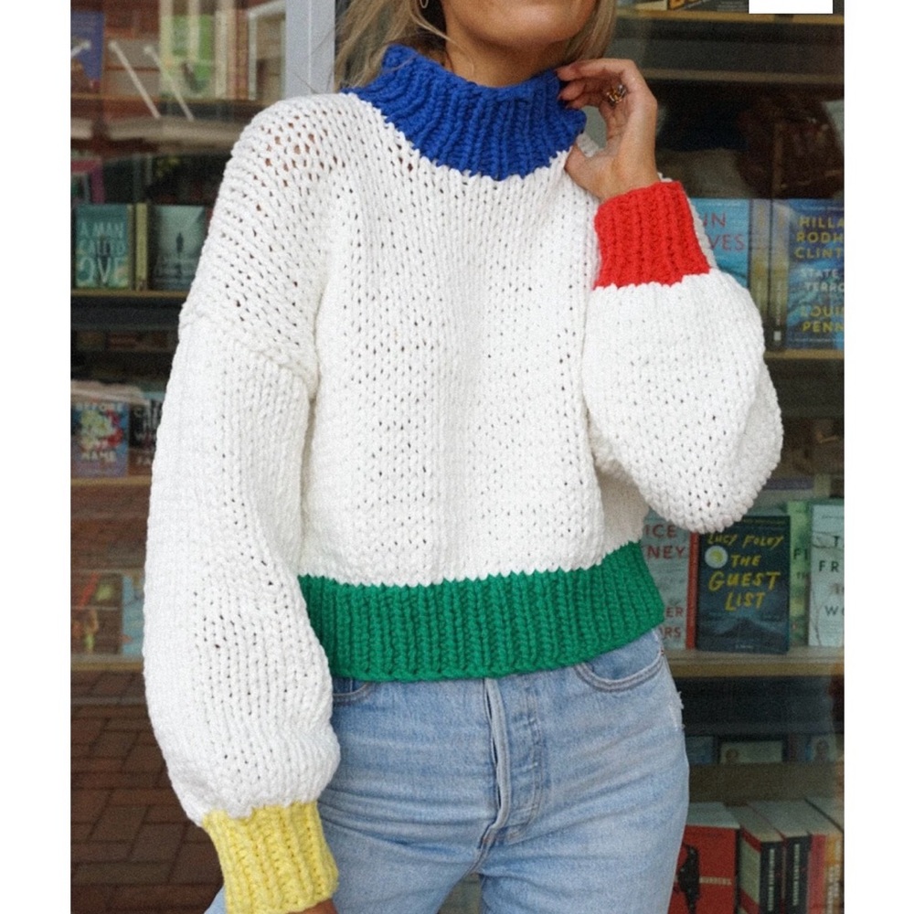 White and Blue Cowl Turtleneck Sweater with Chunky Knit